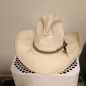 Cream Cowboy Stetson Hat with Feather Accent